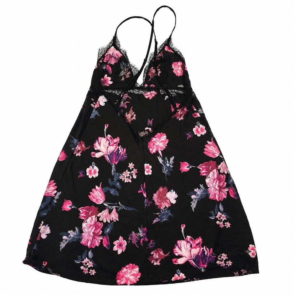 Victoria Secret black and purple floral faux satin lace chemise slip. Women’s XS